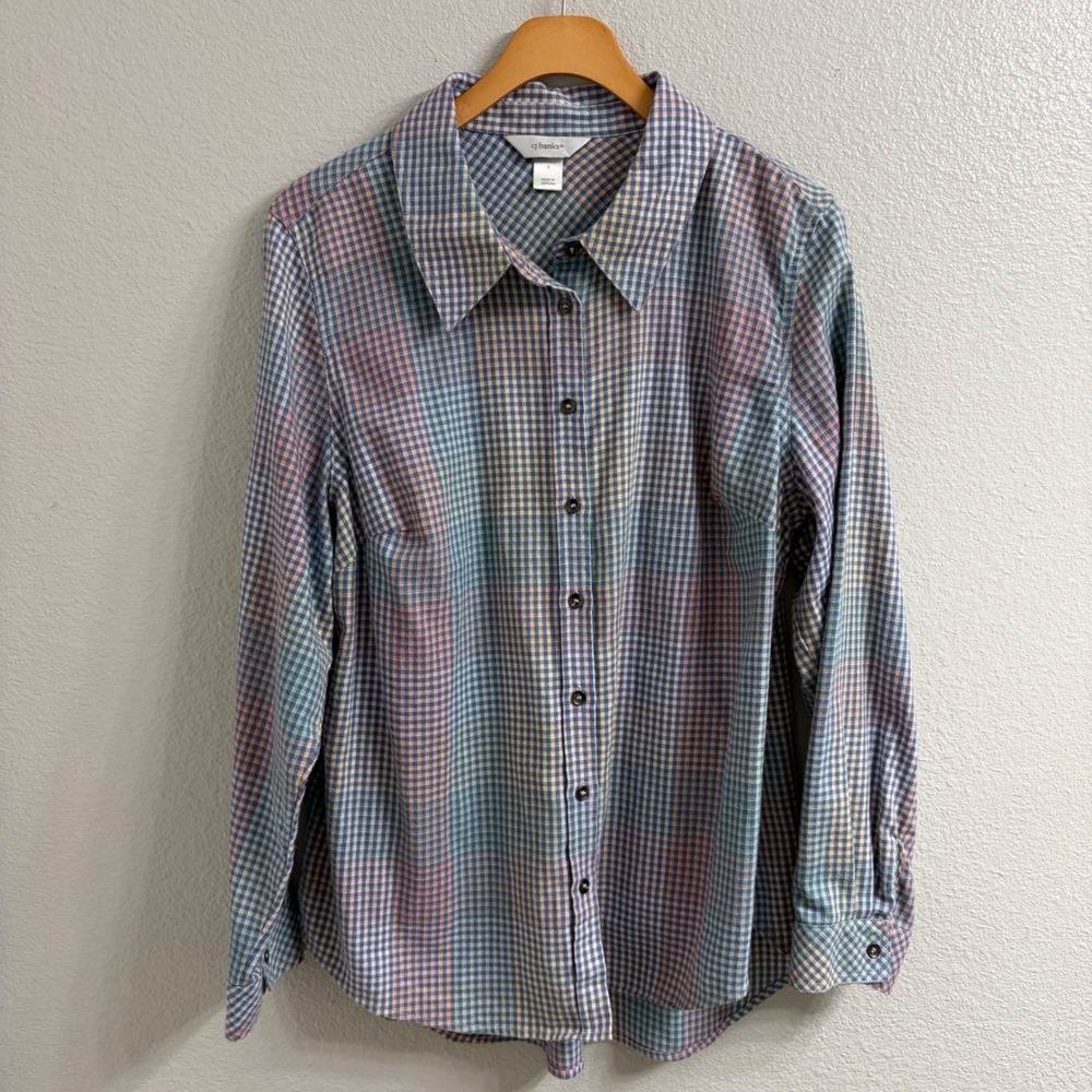 CJ Banks Womens Plaid Button Down Shirt Blue Green Pink Size X Long Sleeve